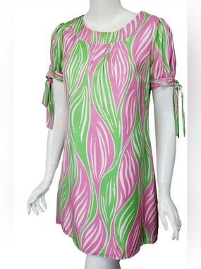 Lilly Pulitzer Pink Green Leaf Silk Mini Shift Dress Tie Sleeve 6 Preppy Classic
